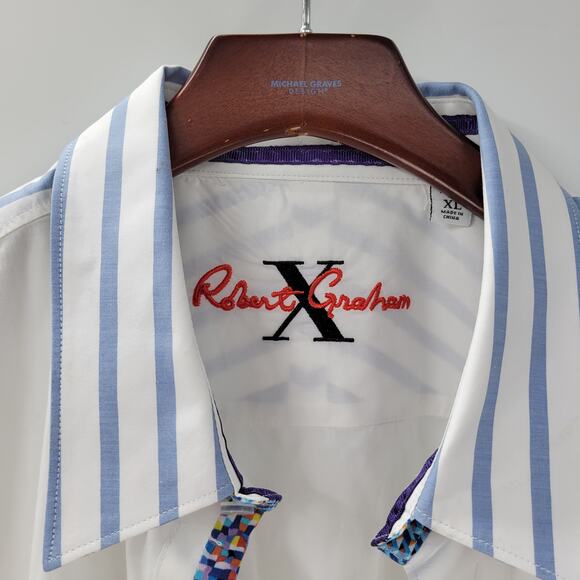 Robert Graham Mens Button Up Shirt XL White Blue Striped Geometric Flip Cuffs - Picture 5 of 16
